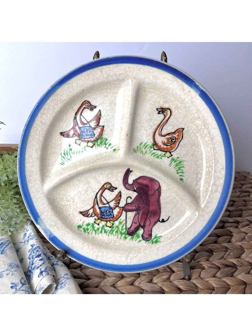 Divided Child's Dish Plate Elephant & Duck Child Vintage 40s Handpainted Japan
